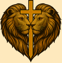 Gold logo featuring two facing lions forming a heart shape with a Christian cross at the center.