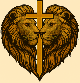 Gold logo featuring two facing lions forming a heart shape with a Christian cross at the center.