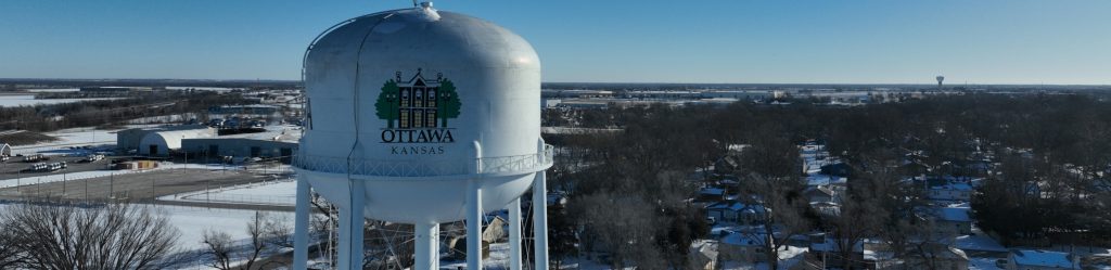 Drone photo of the Ottawa Kansas water tower representing local community